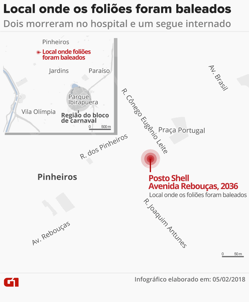 Mapa do local onde foliões foram baleados (Foto: Arte/G1)