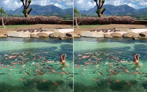Giovanna Ewbank nada com peixes em lago artificial de seu rancho; vídeo