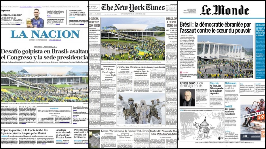 Depredações de terroristas ao Congresso, Planalto e STF foram destaque nas capas dos principais jornais do mundo nesta segunda-feira