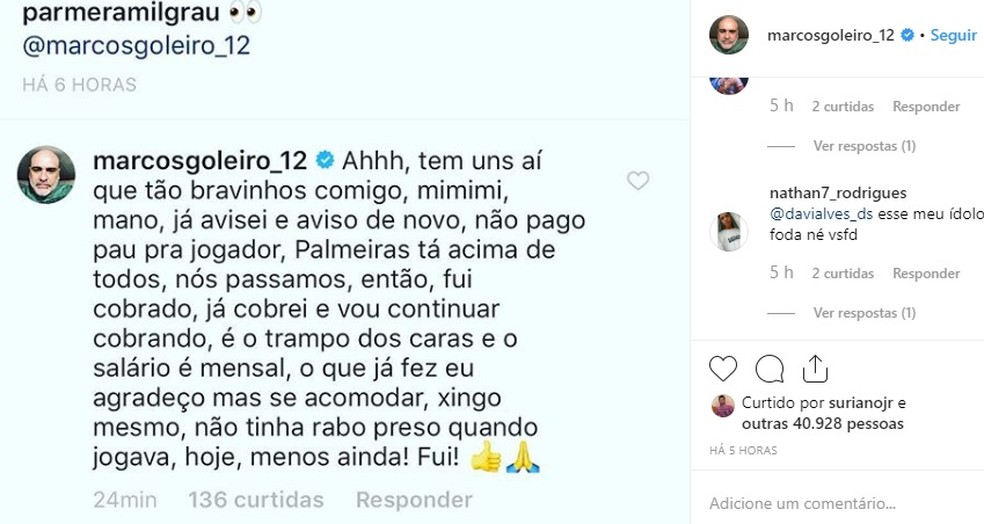 PublicaÃ§Ã£o de Marcos nas redes sociais â€” Foto: ReproduÃ§Ã£o