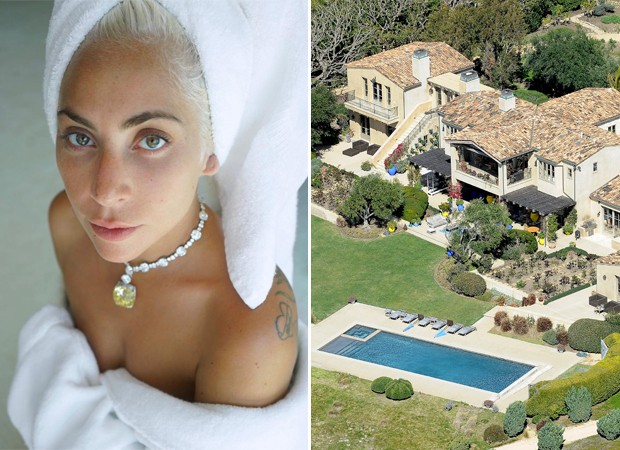 Vida luxuosa: à esq., Lady Gaga usa o colar de diamante de 128 quilates que foi usado por Audrey Hepburn na divulgação do filme Bonequinha de Luxo, em 1961, e à dir. a mansão da cantora em Malibu (Foto: Reprodução / Instagram e Grosby Group)