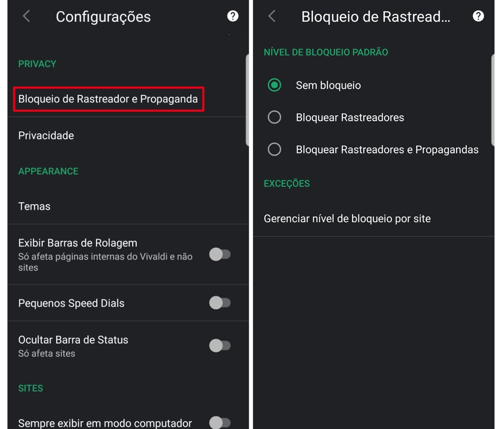 O Vivaldi permite o bloqueio de rastreadores e de anúncios indesejados — Foto: Reprodução/Emanuel Reis