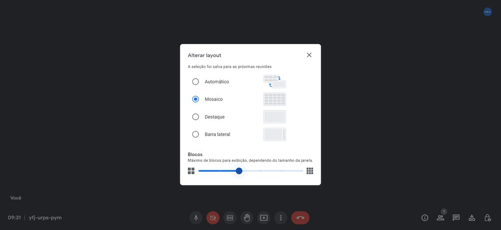 Google Meet permite alterar a quantidade de pessoas que vê na tela  — Foto: Reprodução/Caroline Silvestre