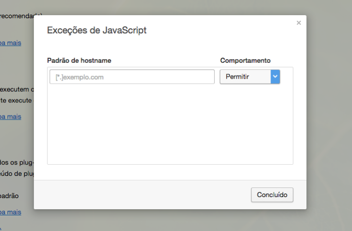Indique os sites que terão a execução de Javascript bloqueadas (Foto: Reprodução/André Sugai)