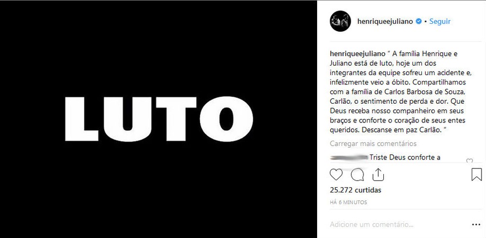Henrique e Juliano lamentam a morte no instagram â Foto: ReproduÃ§Ã£o/Instagram