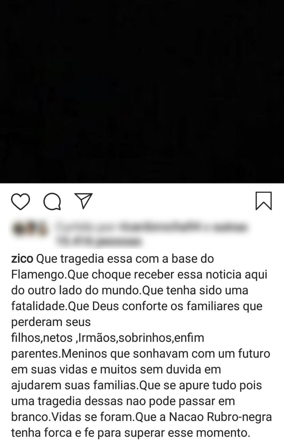 Zico se manifesta nas redes sociais sobre incêndio no CT do Flamengo — Foto: Reprodução/Instagram
