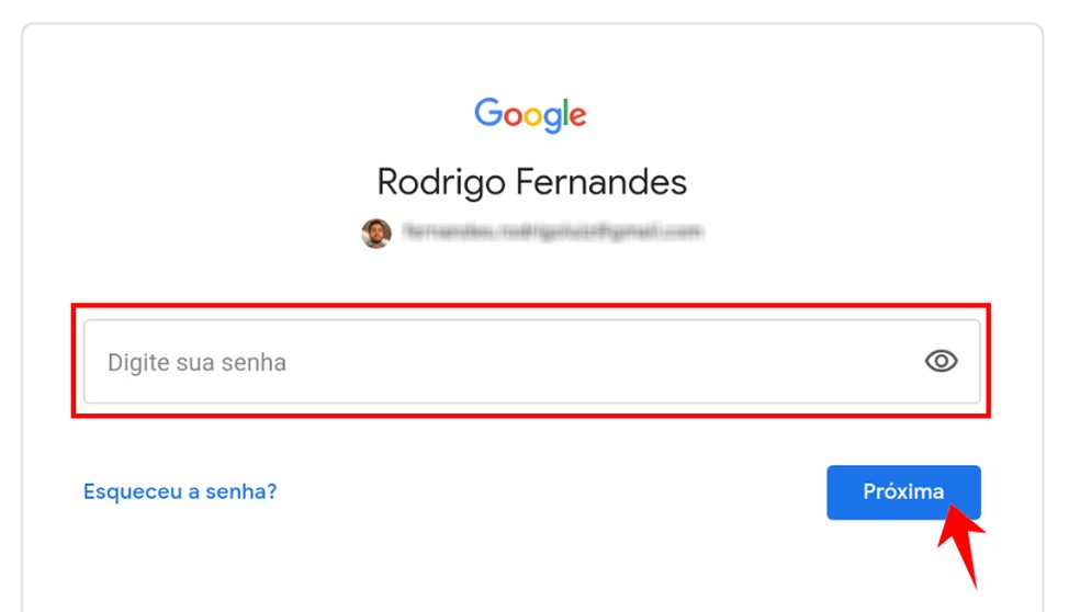 Informe a senha da conta Google — Foto: Reprodução/Rodrigo Fernandes