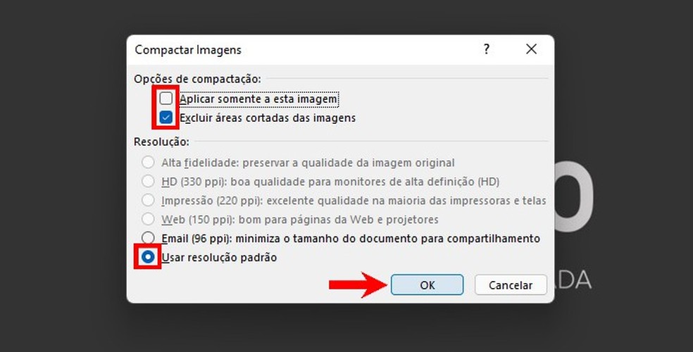 Ajustes da compactação de imagens de apresentação do PowerPoint — Foto: Reprodução/Raquel Freire