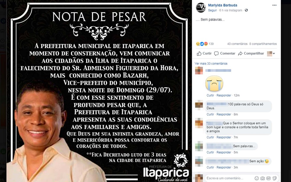 Por conta da morte do vice-prefeito, a prefeita de Itaparica, Marlylda Barbuda, decretou luto de três dias (Foto: Reprodução/Facebook)