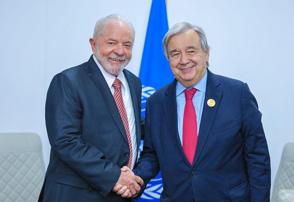 Lula se encontra com secretário-geral da ONU durante viagem para a COP-27 — Foto: Ricardo Stuckert/Divulgação 