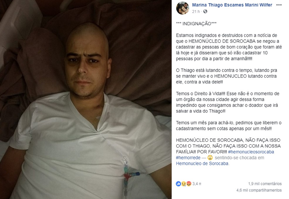 Thiago Wilfer precisa encontrar doador compatível para curar leucemia (Foto: Facebook/Reprodução)