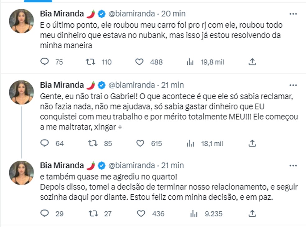 Bia Miranda denuncia Gabriel Roza ap&oacute;s fim de noivado &mdash; Foto: Reprodu&ccedil;&atilde;o/Twitter
