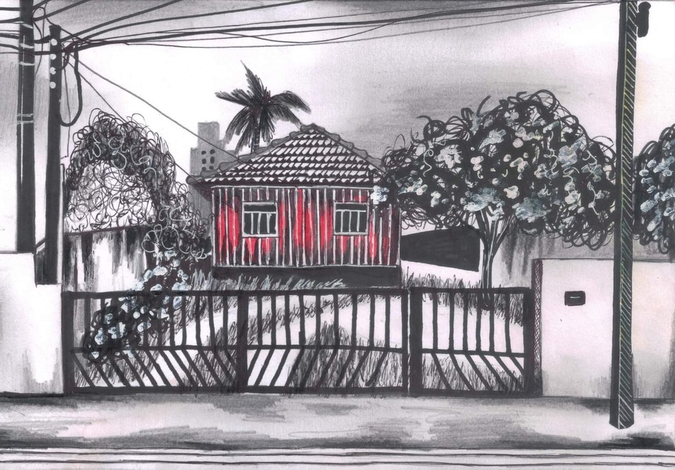 Caio faz desenhos naturalistas das casas de madeira, em Londrina — Foto: Caio Felipe de Souza