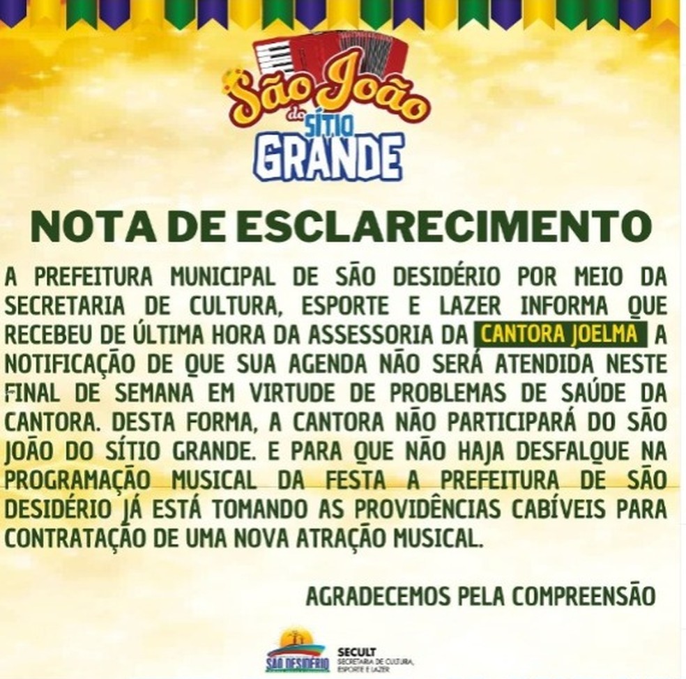 Show de Joelma na Bahia é cancelado por causa de problemas de saúde da cantora — Foto: Reprodução/Redes Sociais