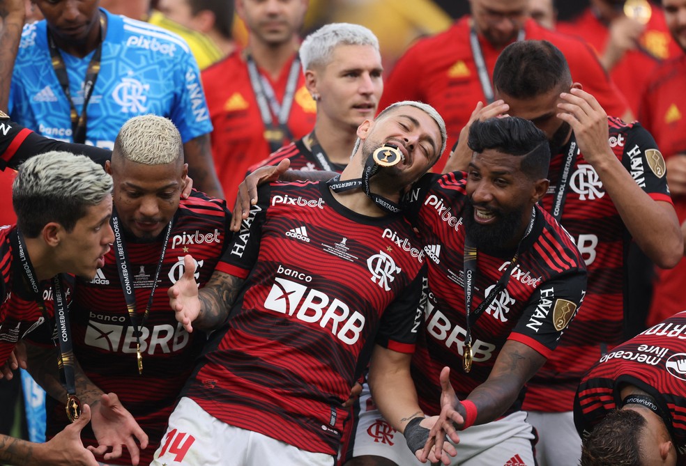 Arrascaeta, Rodinei - Flamengo é campeão da Libertadores de 2022 — Foto: REUTERS/Santiago Arcos