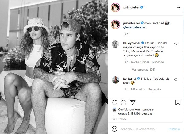 O post de Justin Bieber que fomentou os boatos em torno da suposta gestação da esposa e o comentário de Hailey Baldwin negando a gravidez (Foto: Instagram)