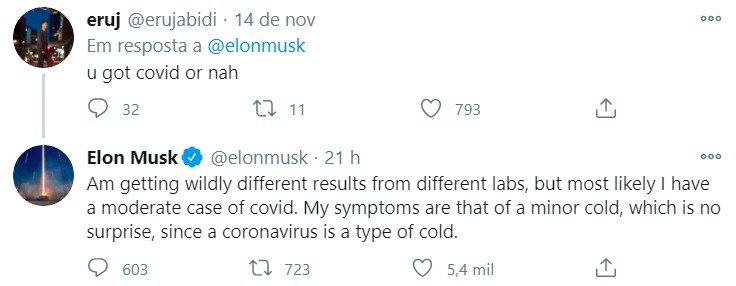 Musk respondeu seguidor dizendo que provavelmente está com Covid, mas um caso moderado da doença (Foto: Reprodução/Twitter)
