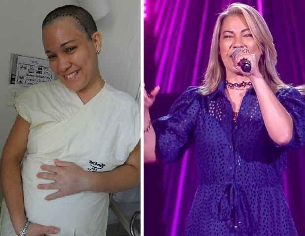 À esquerda, Fabiana grávida logo após a cirurgia de retirada do tumor, em 2011 e, à direita, no The Voice Brasil, em 2020 (Foto: Reprodução/Instagram)