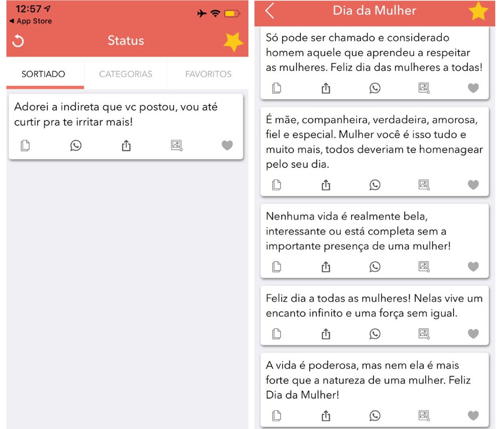 Status Prontos é a opção de app com mensagens prontas sobre o Dia da Mulher para quem usa o sistema iOS — Foto: Graziela Silva/Reprodução