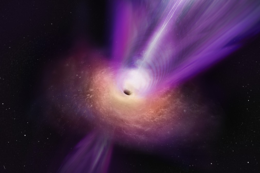Representação artística de M87* expelindo seu poderoso jato de matéria. — Foto: S. Dagnello (NRAO/AUI/NSF)