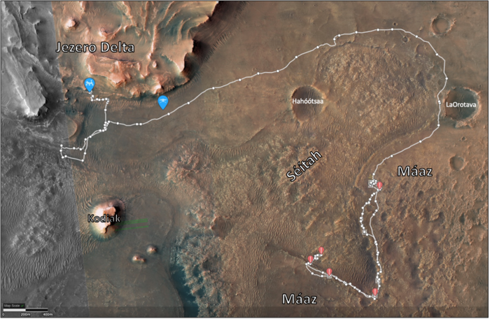 Caminho percorrido pelo rover Perseverance e seus locais de coleta de amostras de rochas (Foto: Nasa)