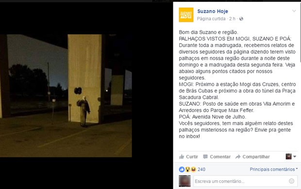 Página de Suzano fala que recebeu relatos de moradores que disseram ter vistos palhaços na cidade (Foto: Reprodução/Facebook)