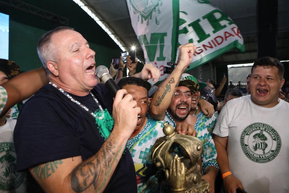 Integrantes da Mancha Verde comemoram o título de campeã do carnaval de São Paulo — Foto: Celso Tavares/G1