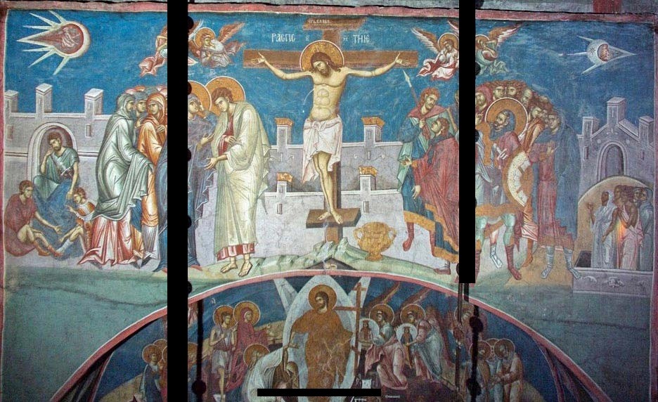 Cena da crucificação encontrada em Visoki Decani. “Naves espaciais” são desenhos estilizados do Sol e da Lua. (Foto: Wikimedia Commons)