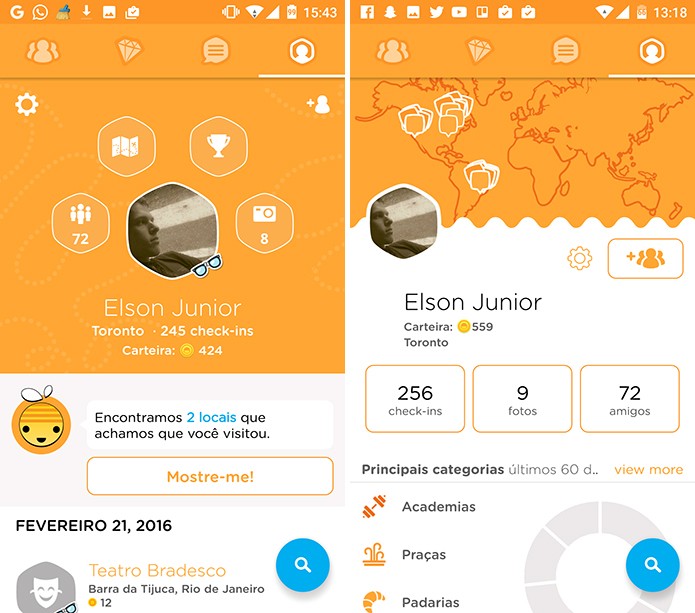 Swarm teve perfil do usuário remodelado (à direita) na versão 4.0 para Android e iPhone (Foto: Reprodução/Elson de Souza)