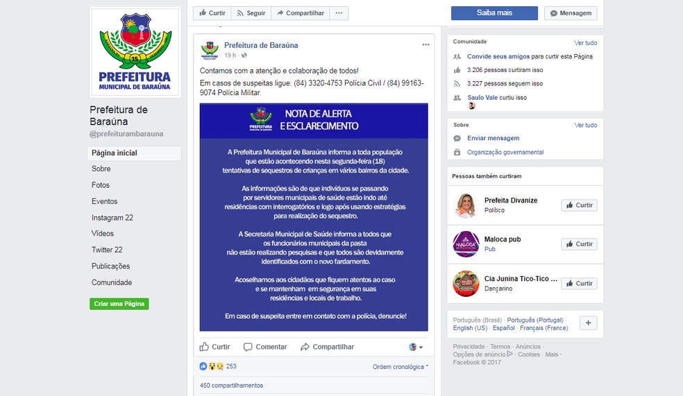 Prefeitura de Baraúna, RN, cai em boato de whatsapp sobre sequestro de crianças (Foto: Reprodução)