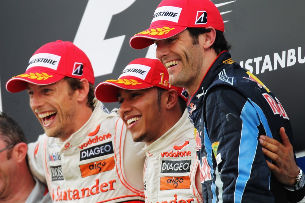 Button, Hamilton e Webber no pódio do GP da Turquia de 2010 — Foto: Getty Images