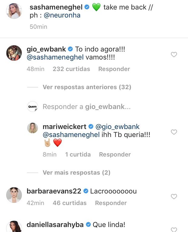 Comentários de famosas na foto de Sasha (Foto: Reprodução/Instagram)