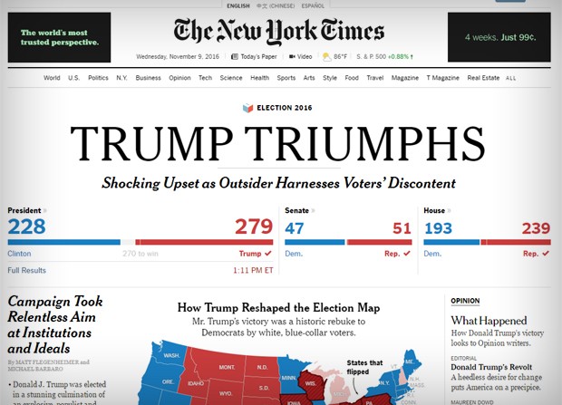 Home do jornal New York Times após vitória de Trump (Foto: Reprodução)