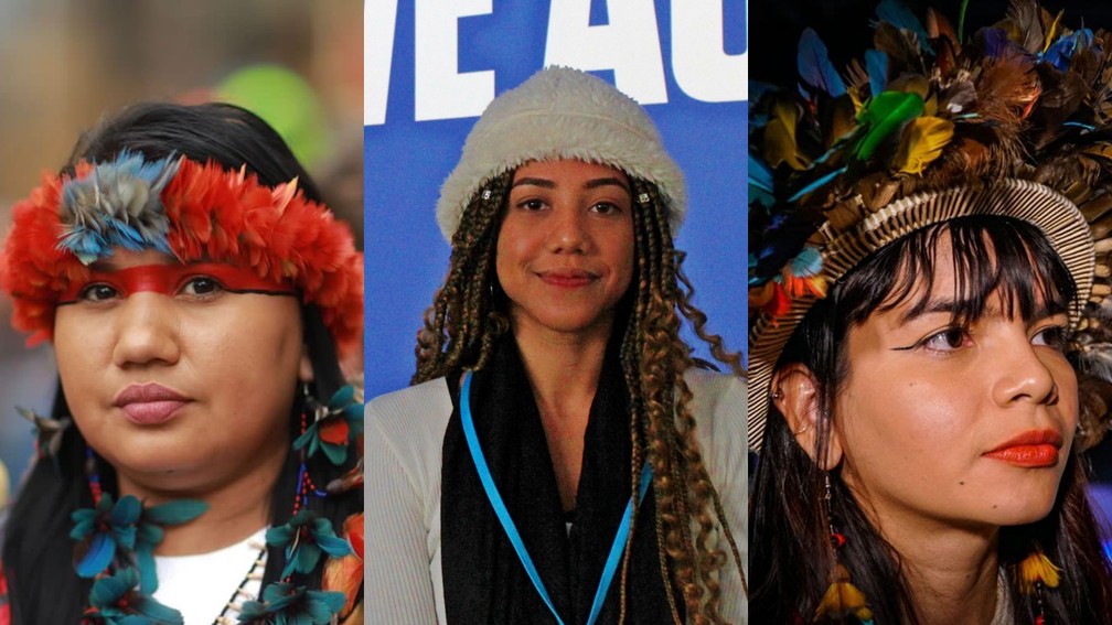 Vall Munduruku, Samara Assunção e Txai Suruí, jovens ativistas que lutam pela defesa do meio ambiente. — Foto: Arquivo Pessoal/Divulgação/WIKIMIDIA
