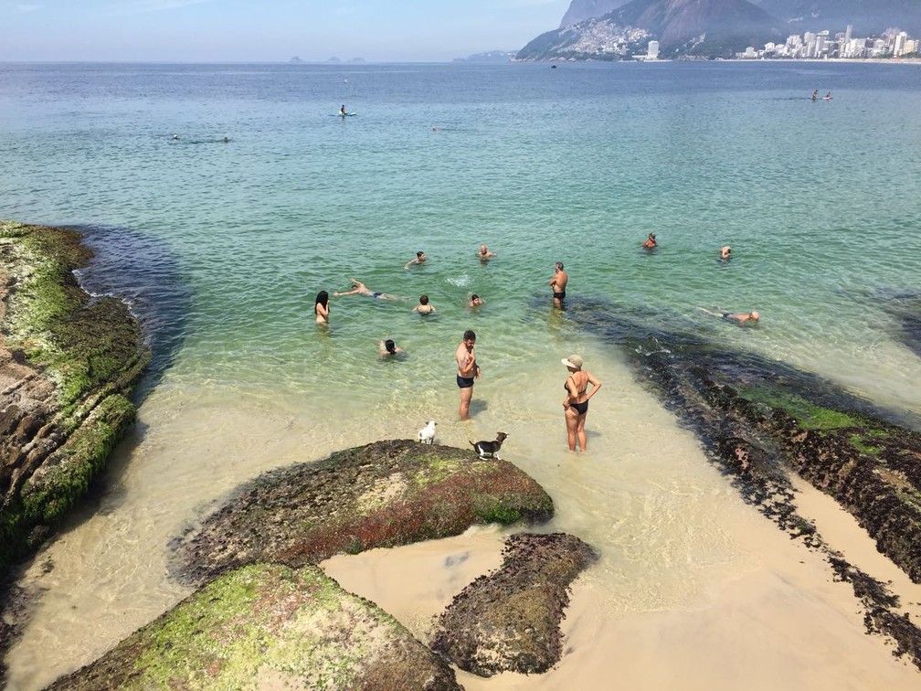 Na praia do Arpoador, poucas ondas permitem que banhistas fiquem tranquilamente na água (Foto: Affonso Andrade/G1)
