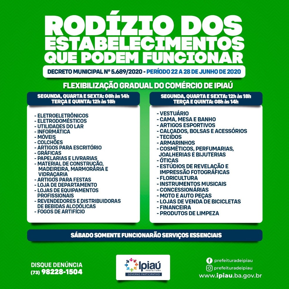 Comércio em Ipiaú está liberado para funcionar com rodízio — Foto: Reprodução / Facebook