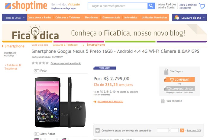 Shoptime tem o preço 'mais barato' para o Nexus 5 (Foto: Reprodução)