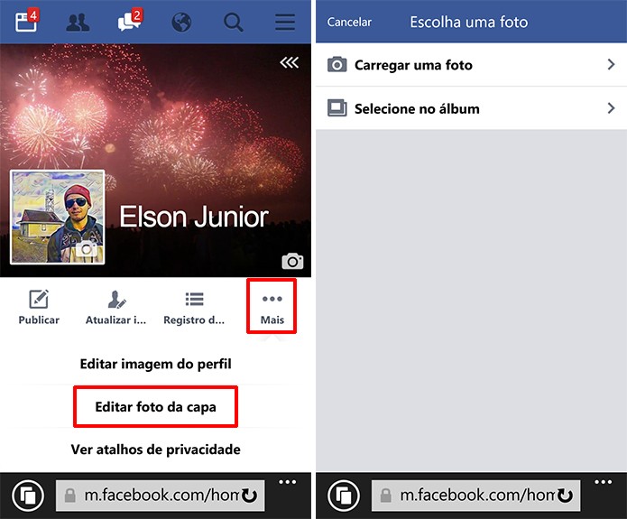 Facebook para Internet Explorer pode mudar capa no Windows Phone (Foto: Reprodução/Elson de Souza)