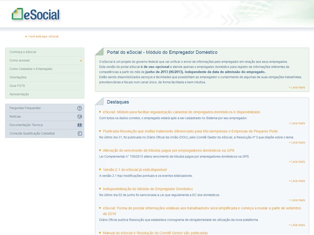 Página do eSocial, onde empregadores terão que cadastrar os trabalhadores domésticos (Foto: Reprodução)