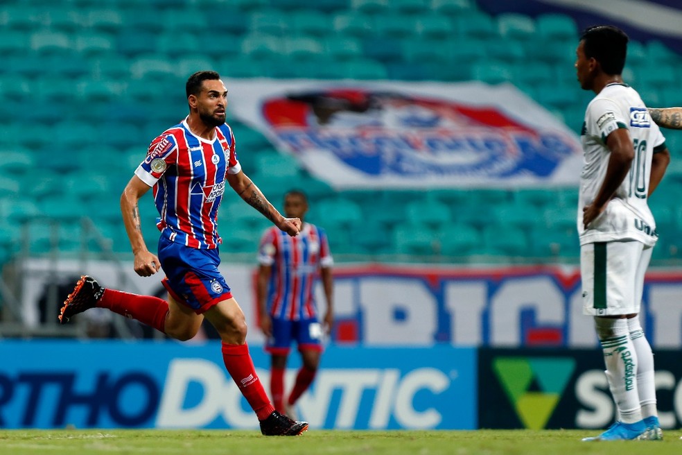 Gilberto comemora gol do Bahia contra o Goiás — Foto: Felipe Oliveira / Divulgação / EC Bahia