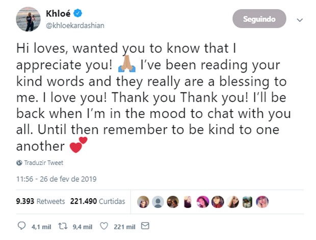 Khloé Kardashian agradece apoio de fãs após nova traição de Tristan Thompson (Foto: Reprodução/Twitter)