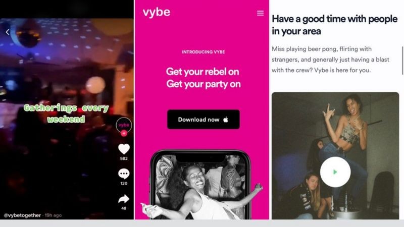 O aplicativo Vybe Together afirma que organiza festas secretas todos os fins de semana (Foto: VYBETOGETHER/TIKTOK/TAYLORLORENZ)