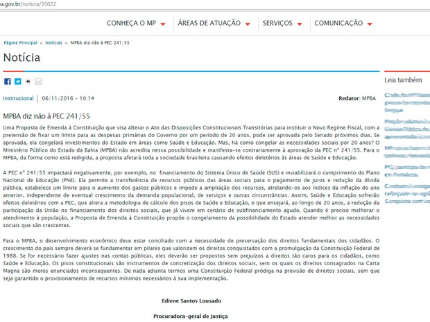 Ministério Público da Bahia emitiu nota oficial contrária à PEC 241 no site do órgão (Foto: Site do MP-BA)