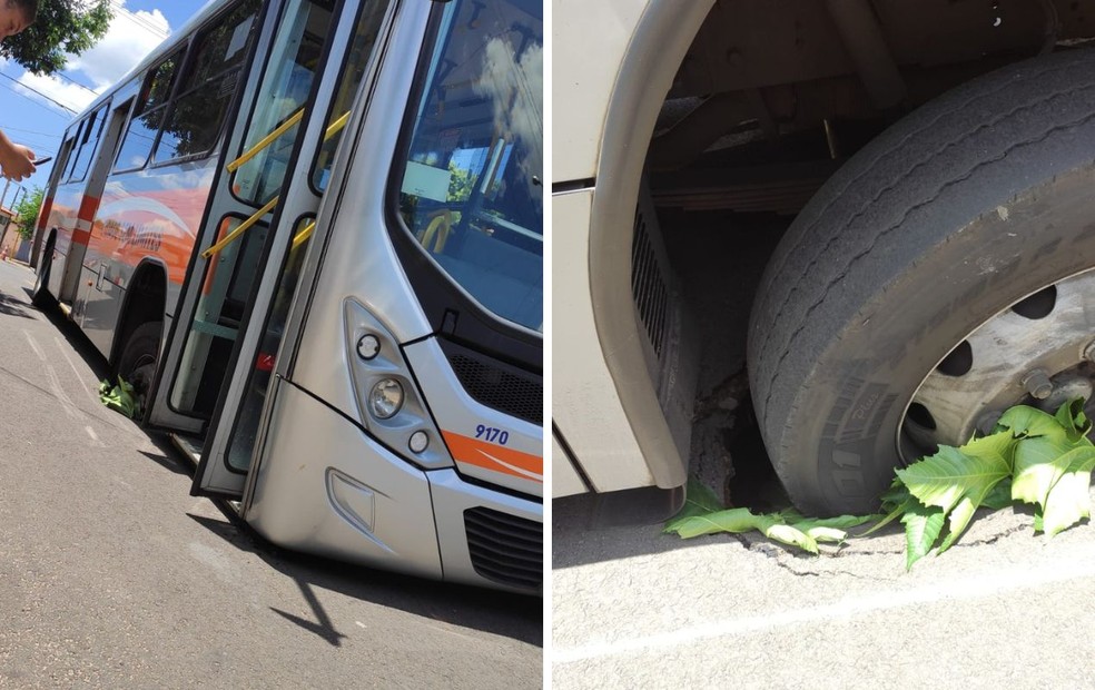 Ônibus fica preso após asfalto ceder em Bauru  — Foto: Arquivo pessoal