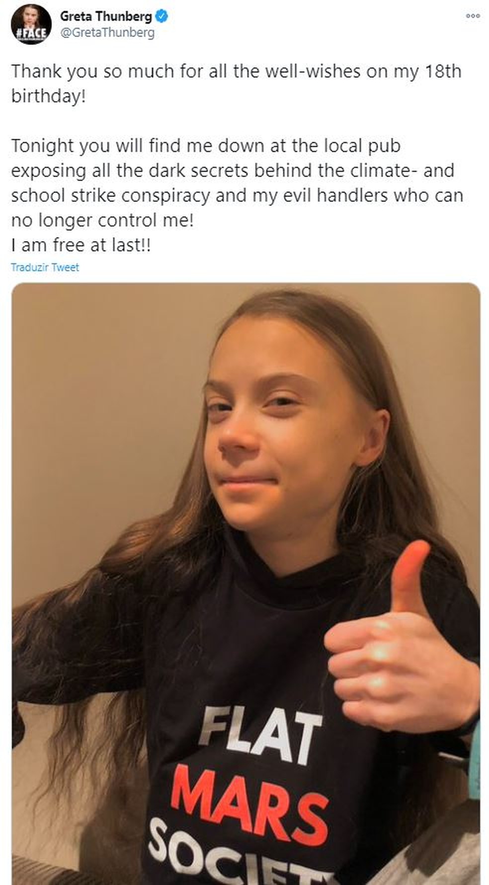 Greta Thunberg agradece seguidores ao completar 18 anos — Foto: Reprodução/Twitter