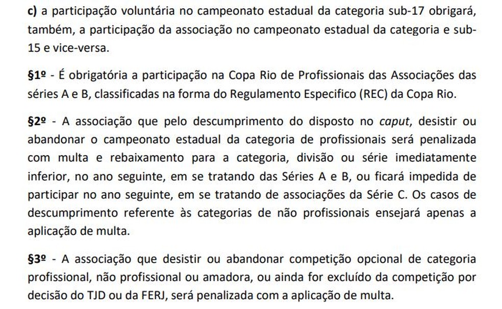 Regulamento geral de competições da Ferj prevê pena severa em caso de abandono — Foto: Reprodução