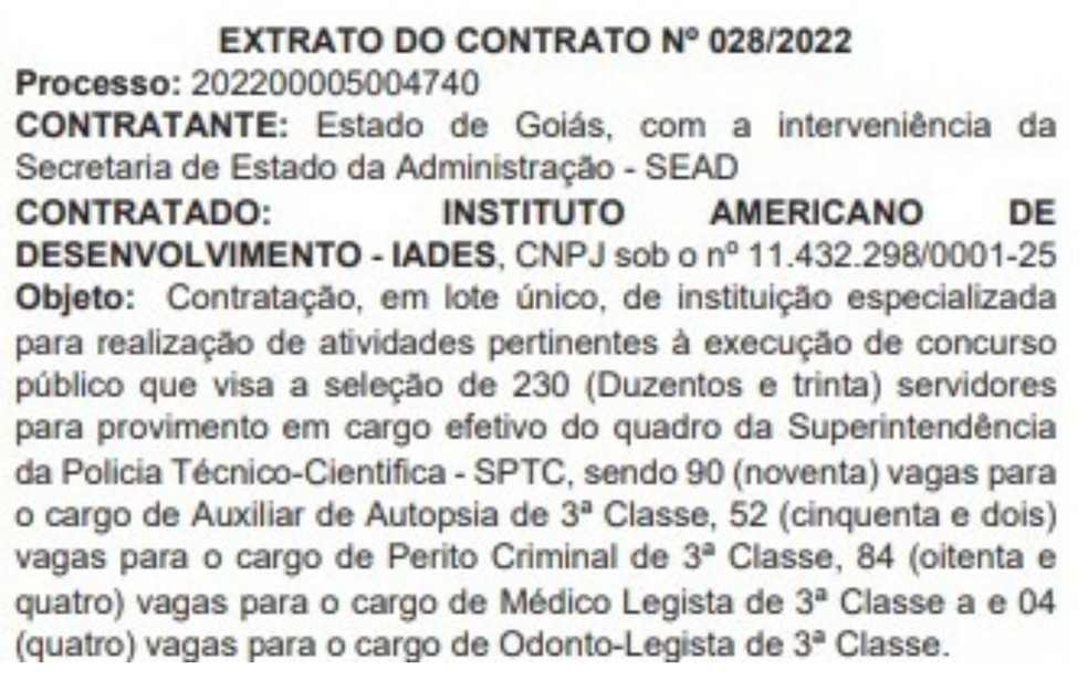 Divulgação de concurso da Polícia Técnico-Científica de Goiás no Diário Oficial do Estado de Goiás — Foto: Reprodução/Diário Oficial