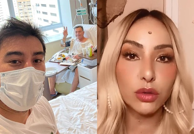 Karin Sato (esq), irmão de Sabrina Sato, e o pai, Omar Rahal (ao fundo), hospitalizado com Covid-19 (Foto: Reprodução/Instagram)