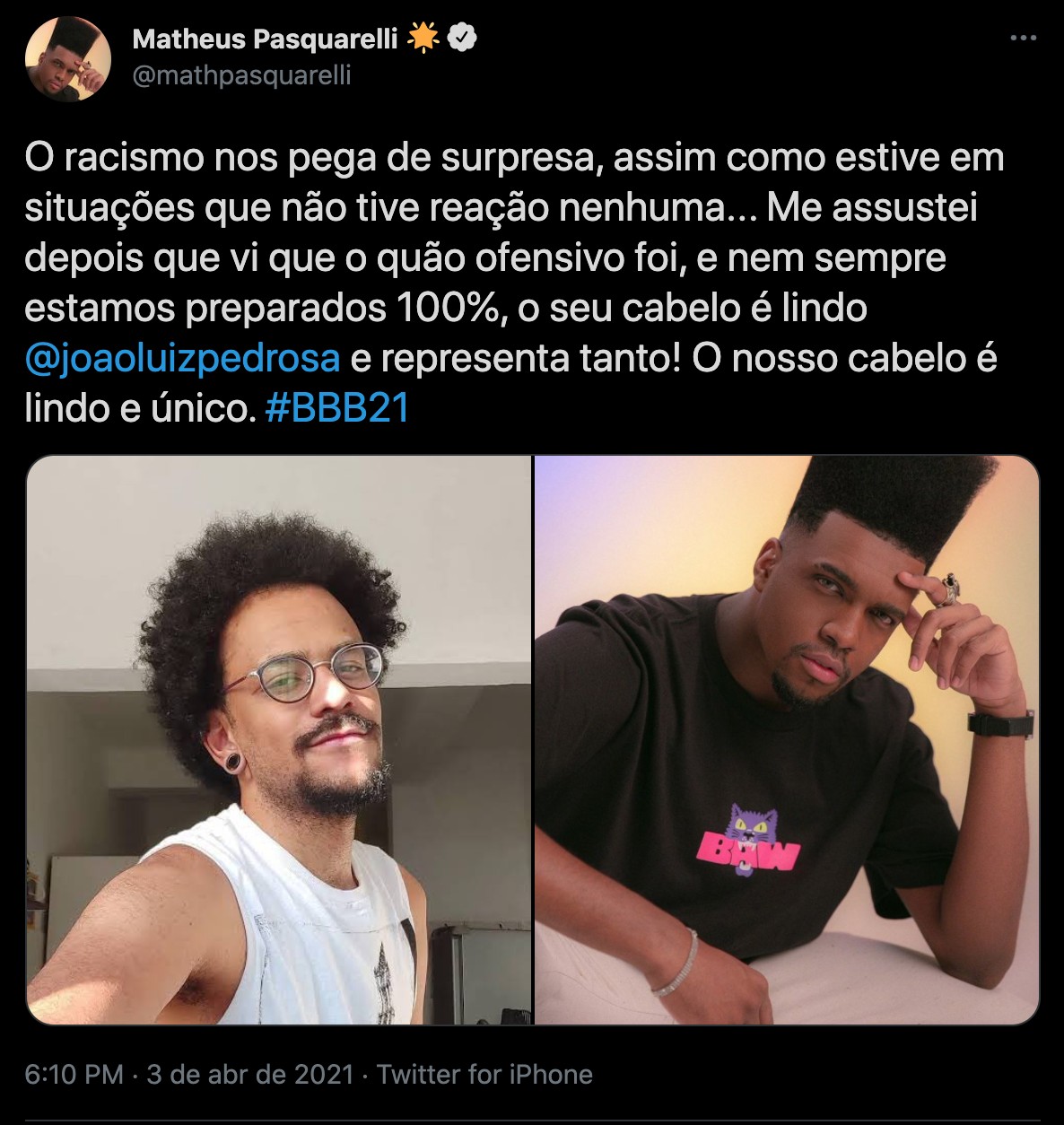 Matheus Pasquarelli defende João no Twitter (Foto: Reprodução)