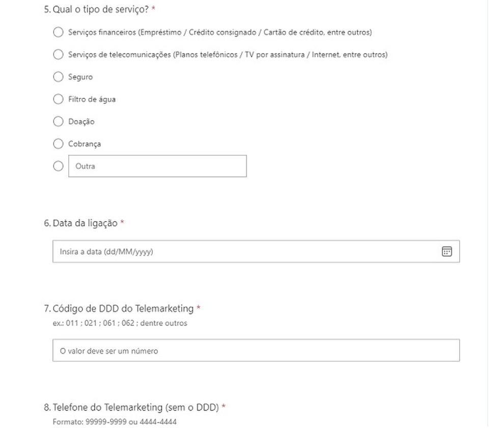 Formulário de denúncia de telemarketing abusivo — Foto: Reprodução/Katarina Bandeira